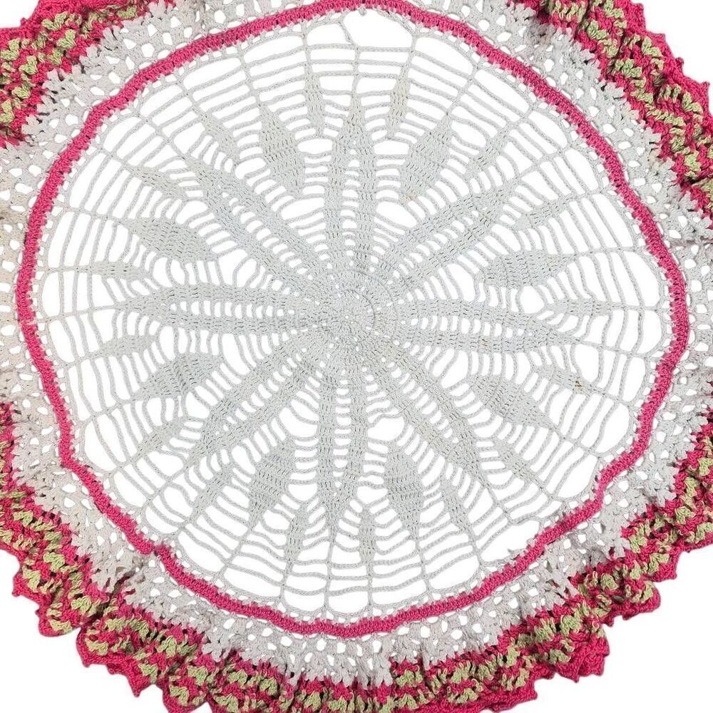 Crochet, Vintage Cotton White/Hot Pink/Green 21" Ruffled Doily, Handmade - Picture 3 of 7